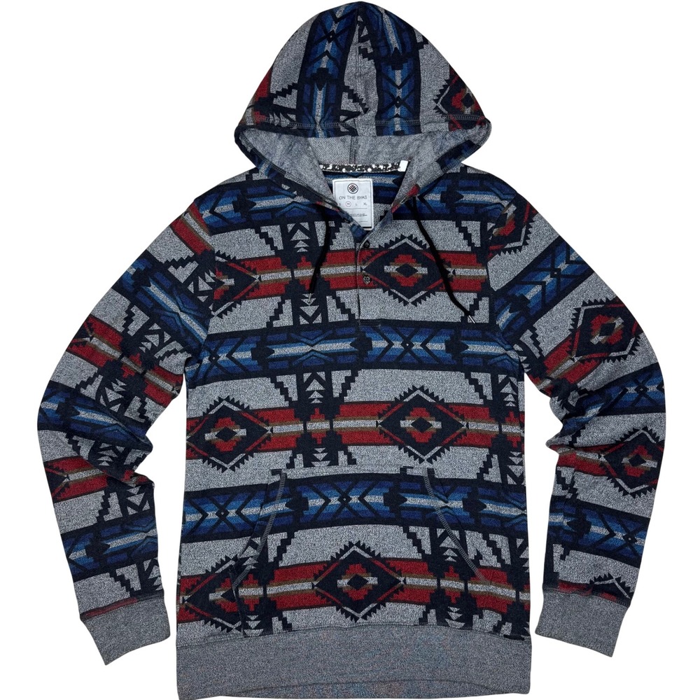 On‎ The Byas Hoodie Mens Medium Gray Blue Tribal Geometric Henley Pullover